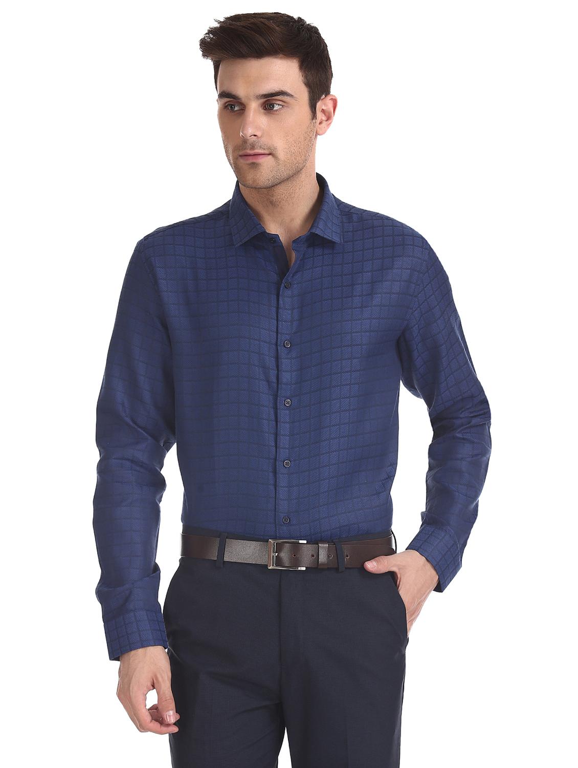 navy blue checkered formal shirt - 17576006 - Zoom Image - 1