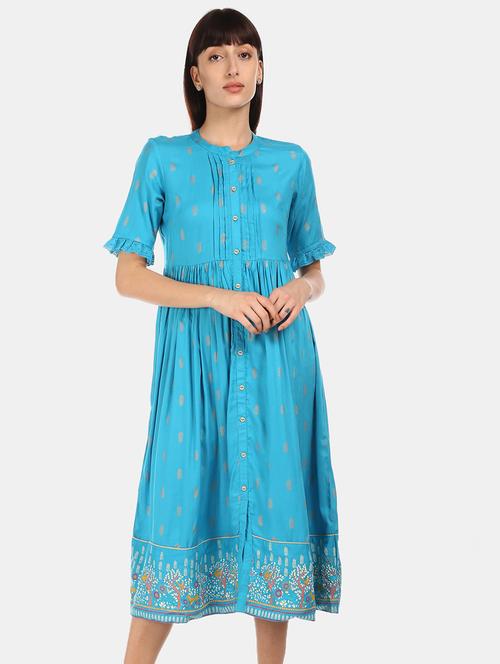 mandarin neck printed a-line dress - 17580614 - Standard Image - 1