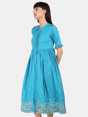 mandarin neck printed a-line dress - 17580614 - Standard Image - 2