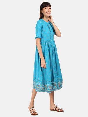 mandarin neck printed a-line dress - 17580614 - Standard Image - 4