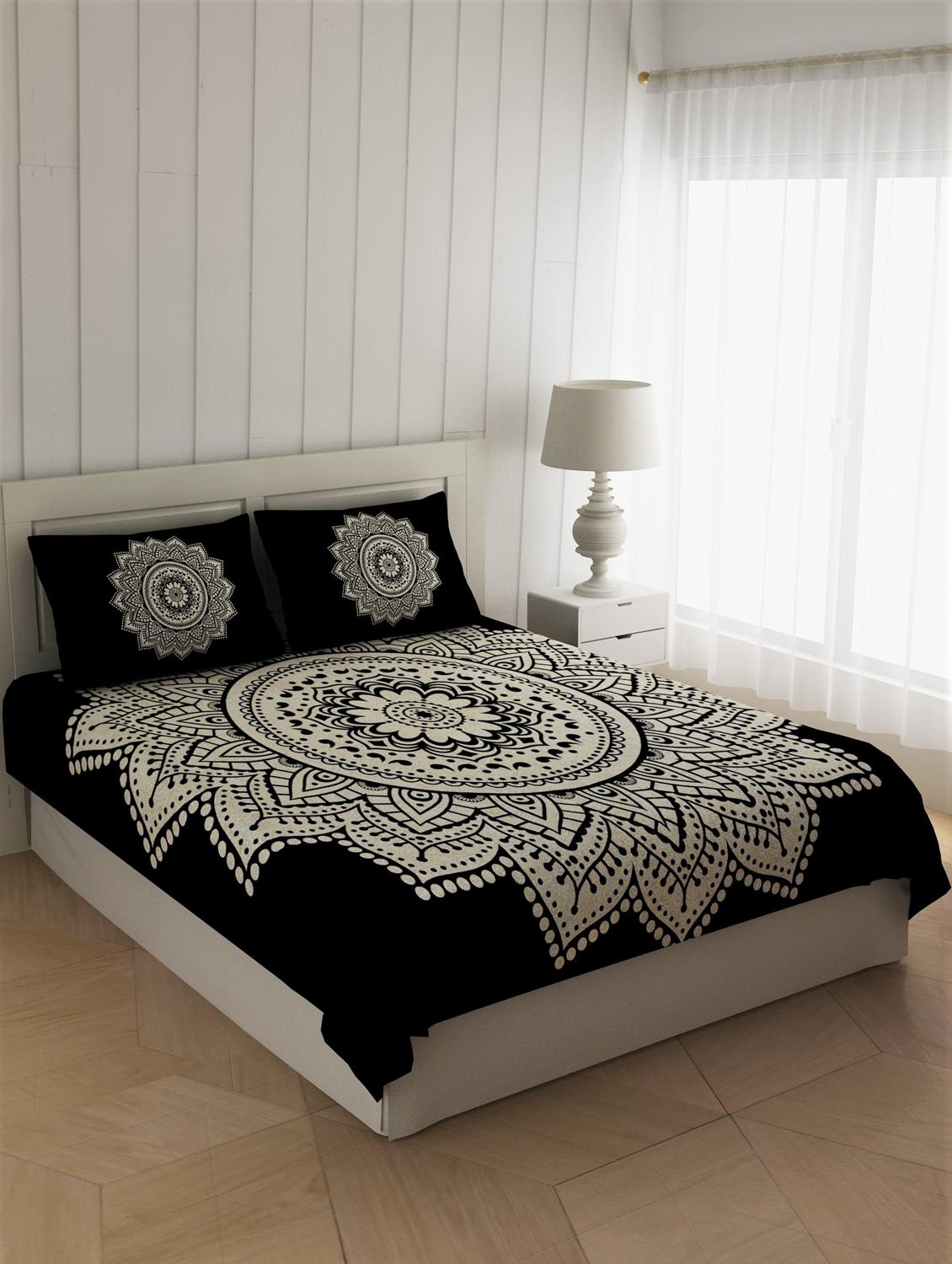 jaipurfabric big rangoli black & white cotton jaipuri double bedsheet with 2 pillow cover set king size - 17583381 - Zoom Image - 1