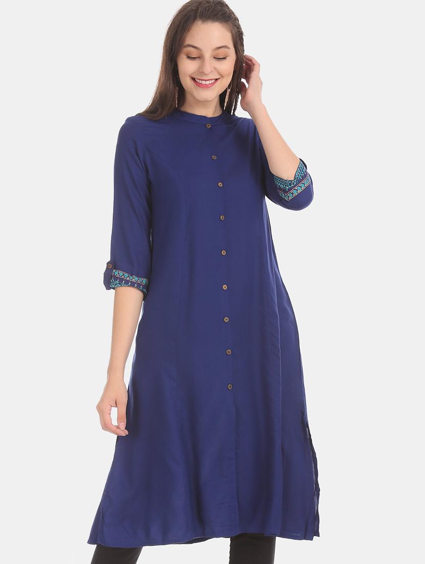 blue solid a-line kurta - 17584774 - Zoom Image - 1
