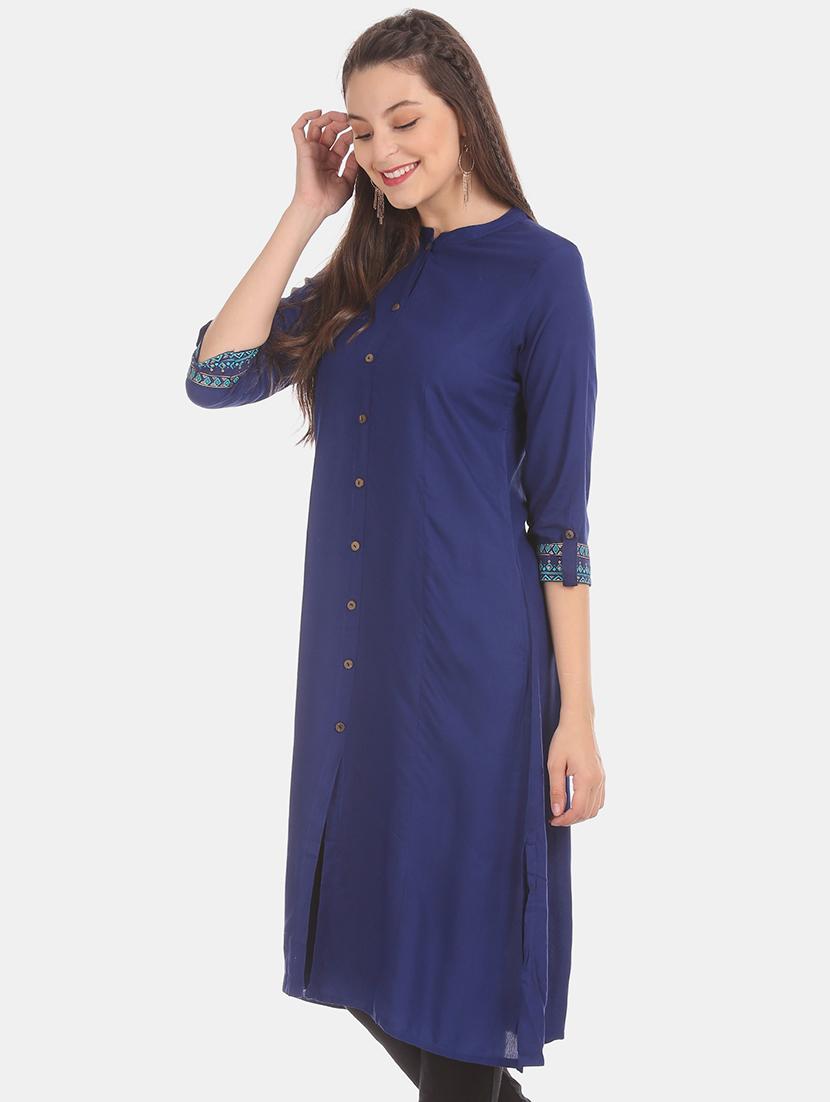 blue solid a-line kurta - 17584774 - Zoom Image - 2