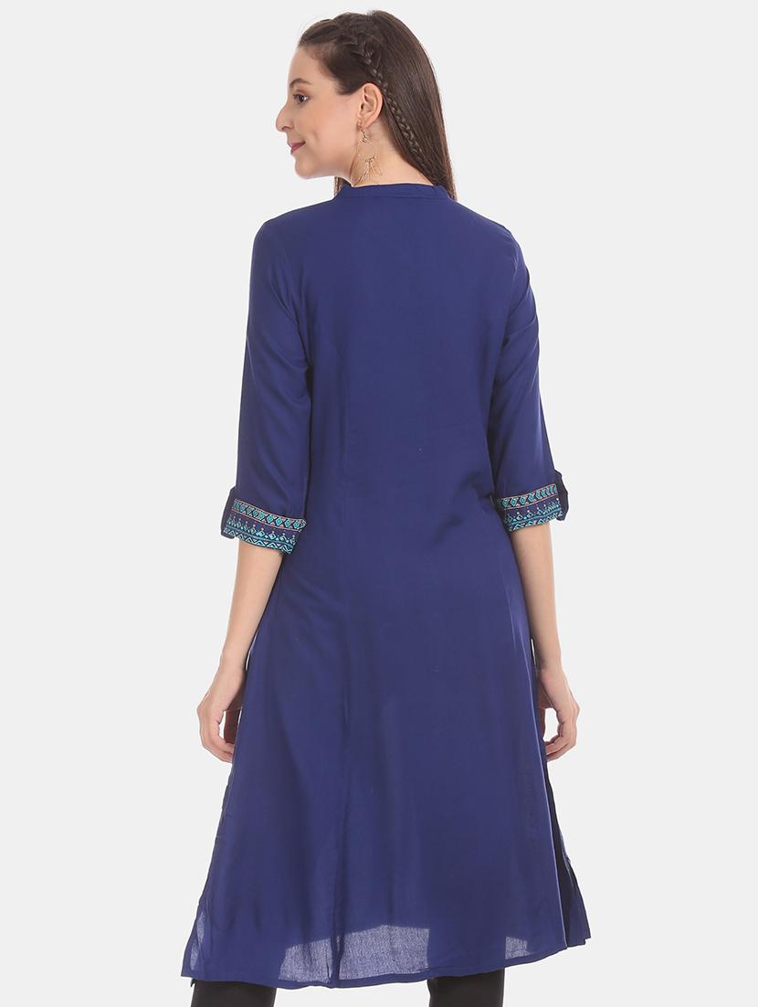 blue solid a-line kurta - 17584774 - Zoom Image - 3