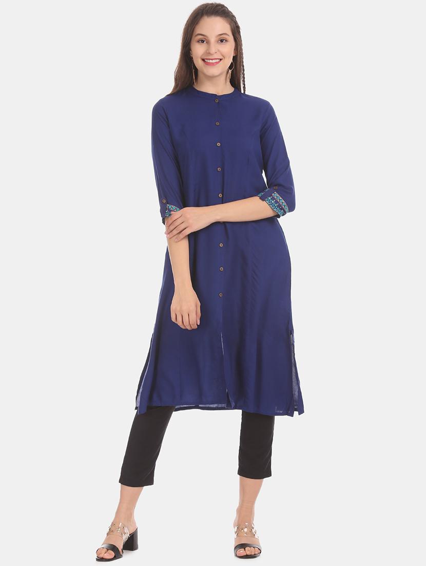 blue solid a-line kurta - 17584774 - Zoom Image - 4