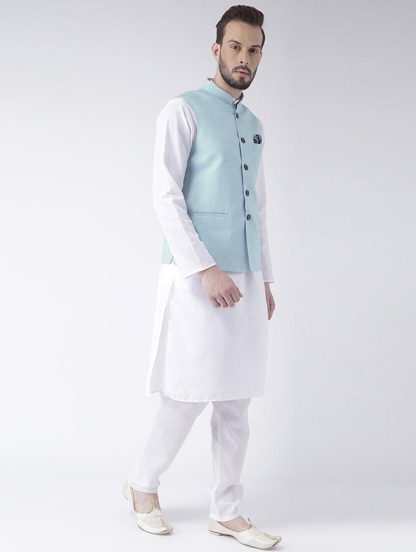 white kurta pyjama set with blue solid nehru jacket - 17585686 - Zoom Image - 2