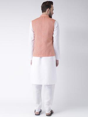 white kurta pyjama set with peach solid nehru jacket - 17585693 - Standard Image - 3
