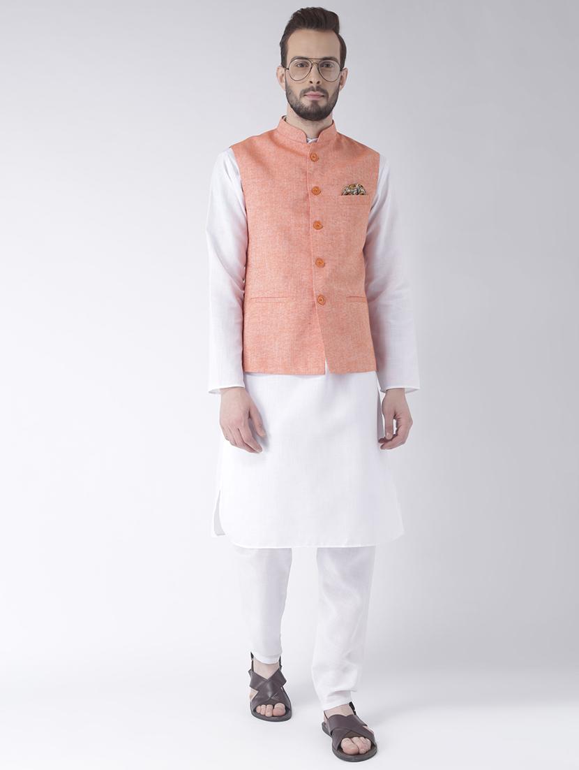 white kurta pyjama set with peach solid nehru jacket