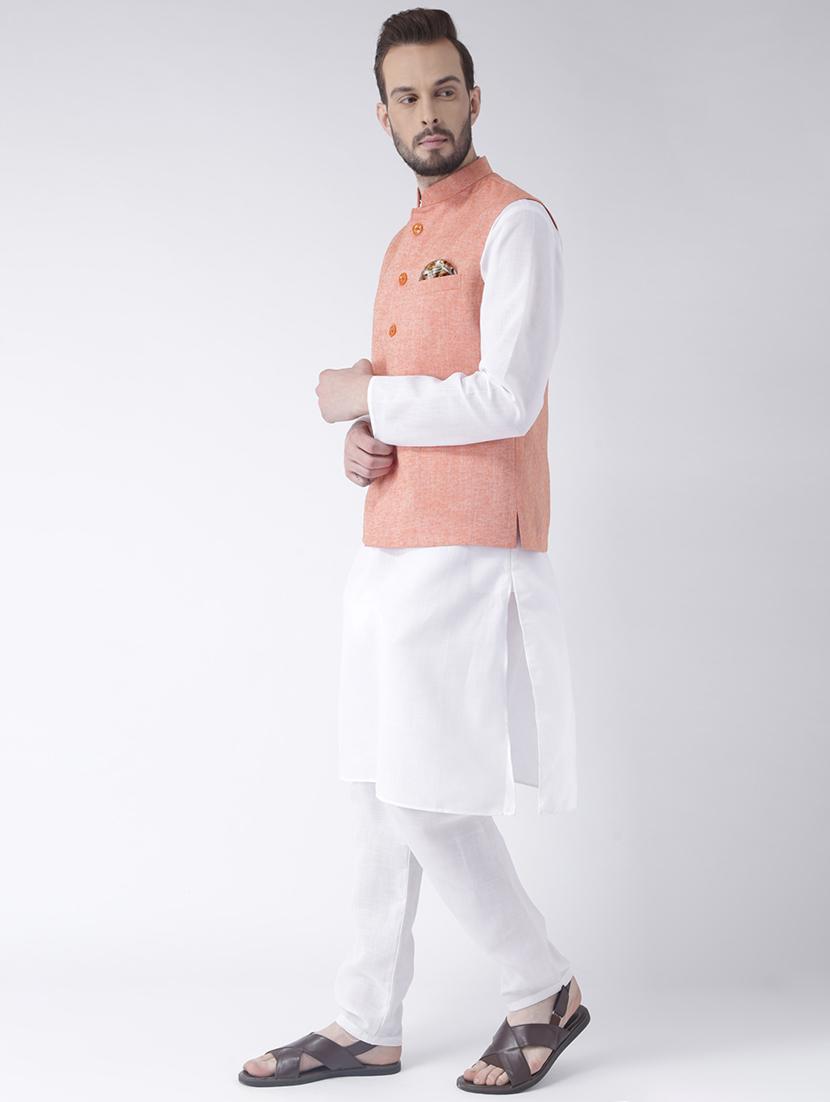white kurta pyjama set with peach solid nehru jacket - 17585693 - Zoom Image - 2