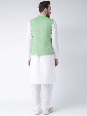 white kurta pyjama set with green solid nehru jacket - 17585694 - Standard Image - 3