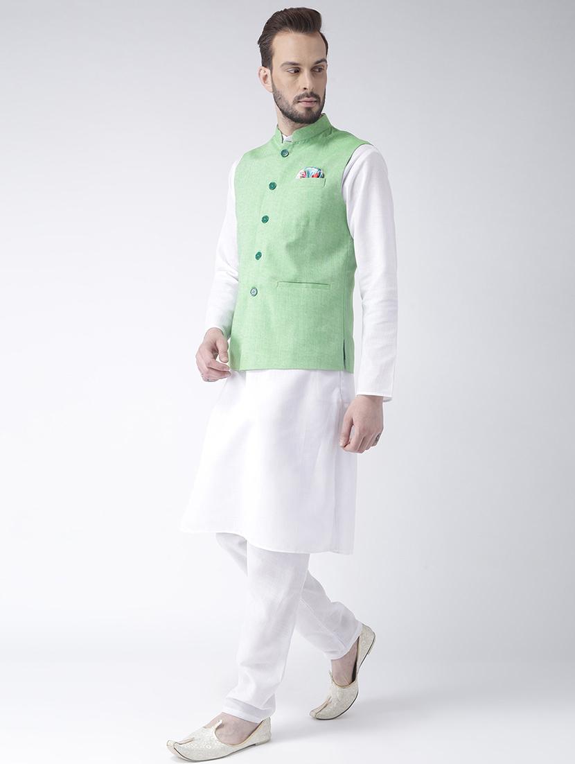 white kurta pyjama set with green solid nehru jacket - 17585694 - Zoom Image - 2
