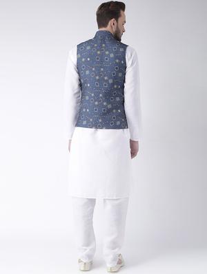 white kurta pyjama set with printed nehru jacket - 17585698 - Standard Image - 3
