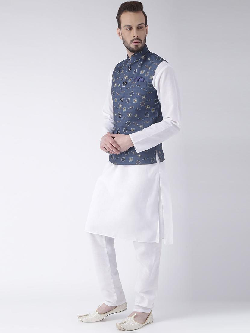 white kurta pyjama set with printed nehru jacket - 17585698 - Zoom Image - 2