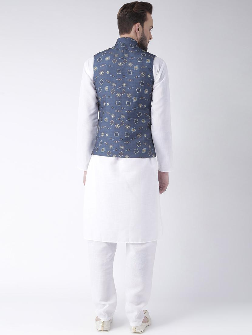 white kurta pyjama set with printed nehru jacket - 17585698 - Zoom Image - 3
