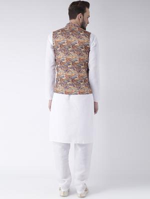 white kurta pyjama set with printed nehru jacket - 17585699 - Standard Image - 3