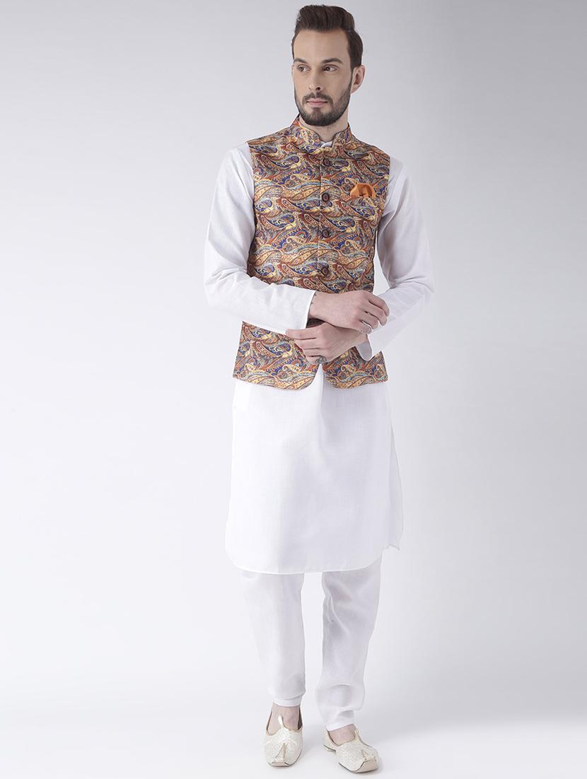 white kurta pyjama set with printed nehru jacket - 17585699 - Zoom Image - 1