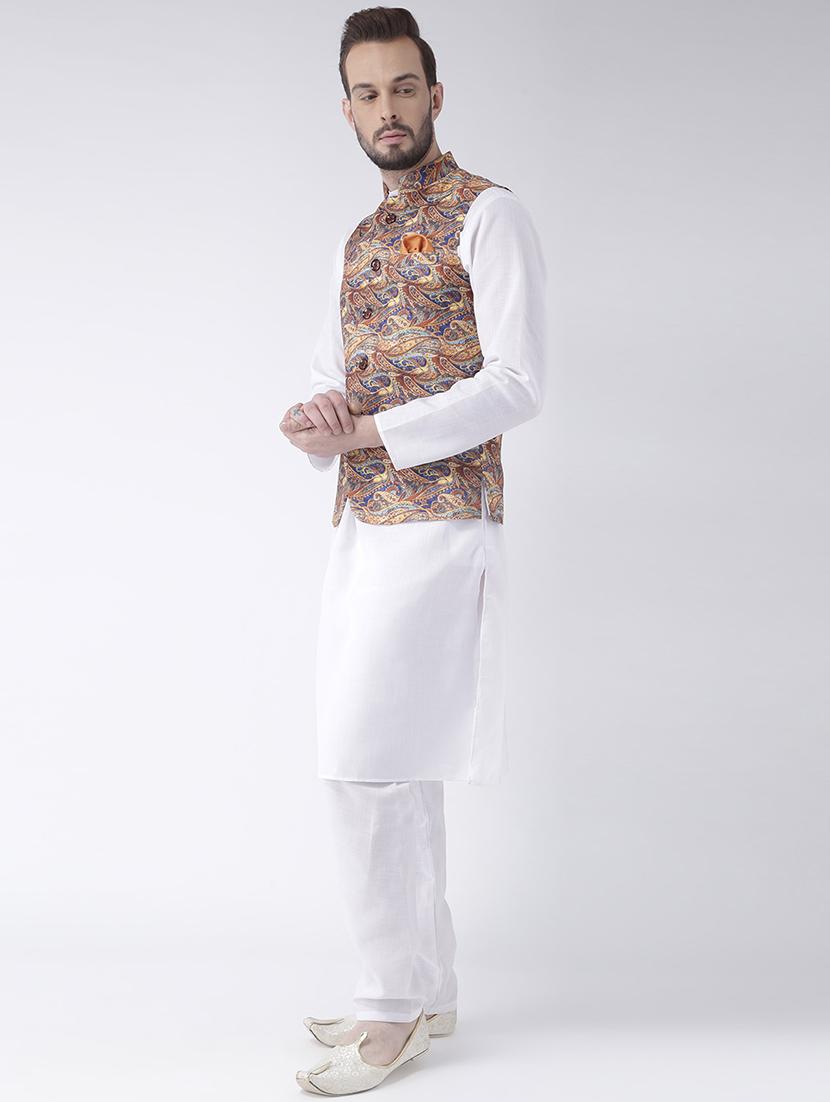 white kurta pyjama set with printed nehru jacket - 17585699 - Zoom Image - 2