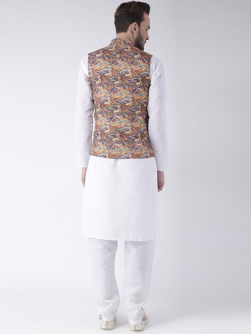 white kurta pyjama set with printed nehru jacket - 17585699 - Zoom Image - 3