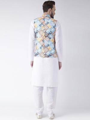 white kurta pyjama set with printed nehru jacket - 17585700 - Standard Image - 3