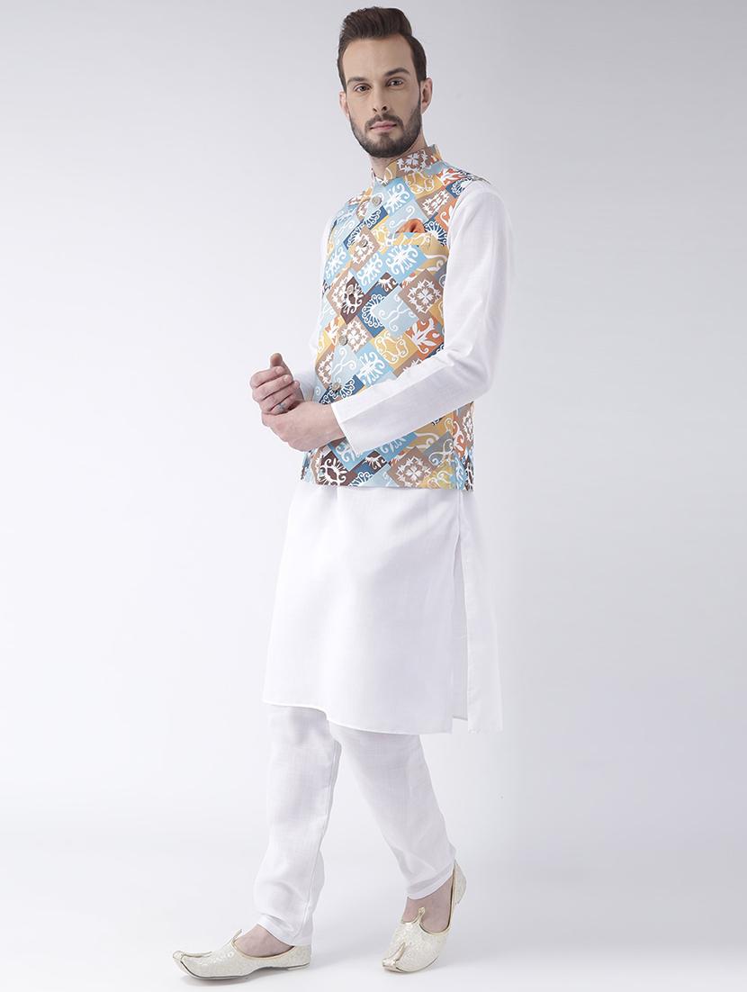 white kurta pyjama set with printed nehru jacket - 17585700 - Zoom Image - 2