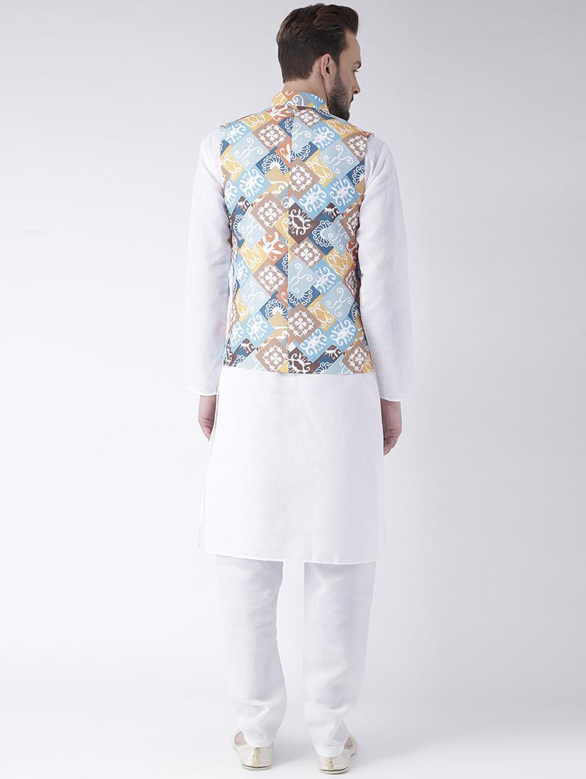 white kurta pyjama set with printed nehru jacket - 17585700 - Zoom Image - 3