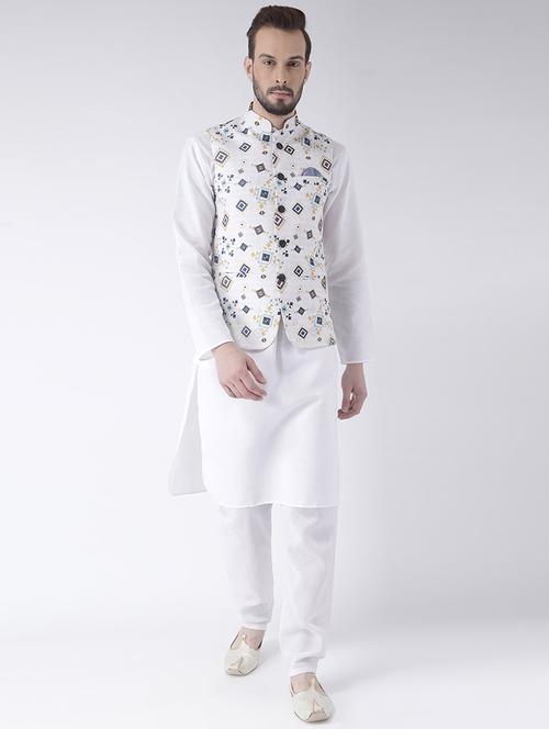 white kurta pyjama set with printed nehru jacket - 17585702 - Standard Image - 1