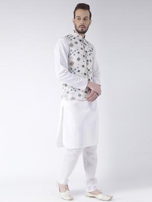 white kurta pyjama set with printed nehru jacket - 17585702 - Standard Image - 2
