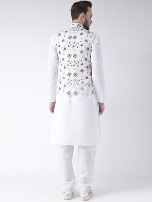 white kurta pyjama set with printed nehru jacket - 17585702 - Standard Image - 3