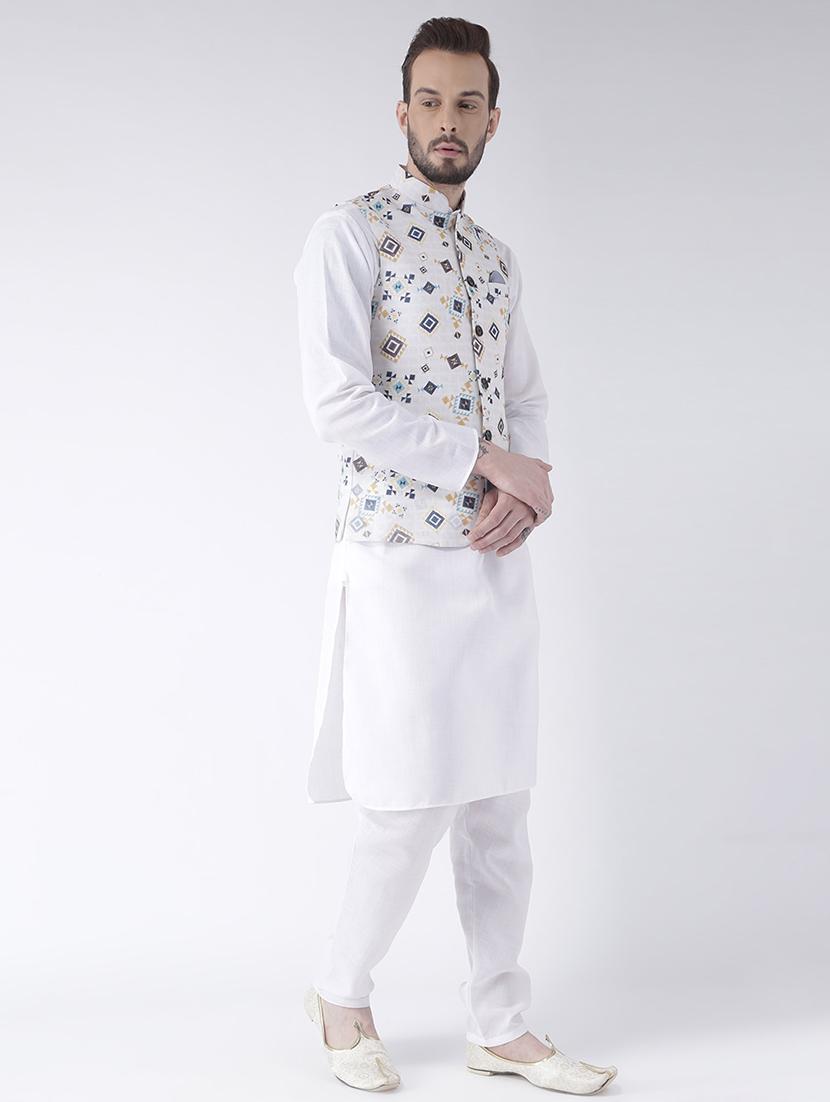white kurta pyjama set with printed nehru jacket - 17585702 - Zoom Image - 2