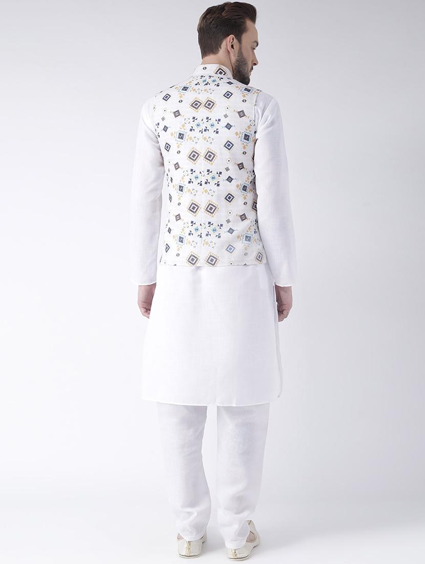 white kurta pyjama set with printed nehru jacket - 17585702 - Zoom Image - 3