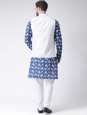 blue printed kurta pyjama set with white solid nehru jacket - 17585705 - Standard Image - 3