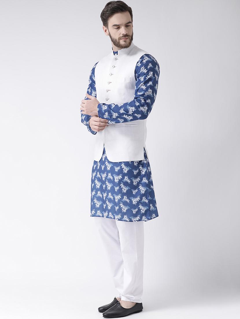 blue printed kurta pyjama set with white solid nehru jacket - 17585705 - Zoom Image - 2