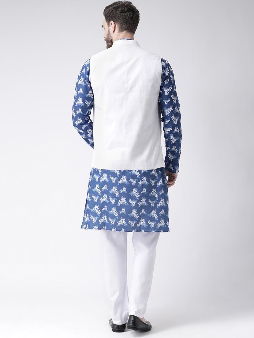 blue printed kurta pyjama set with white solid nehru jacket - 17585705 - Zoom Image - 3