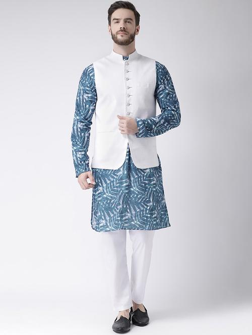 blue printed kurta pyjama set with white solid nehru jacket - 17585706 - Standard Image - 1