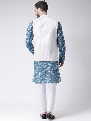 blue printed kurta pyjama set with white solid nehru jacket - 17585706 - Standard Image - 3