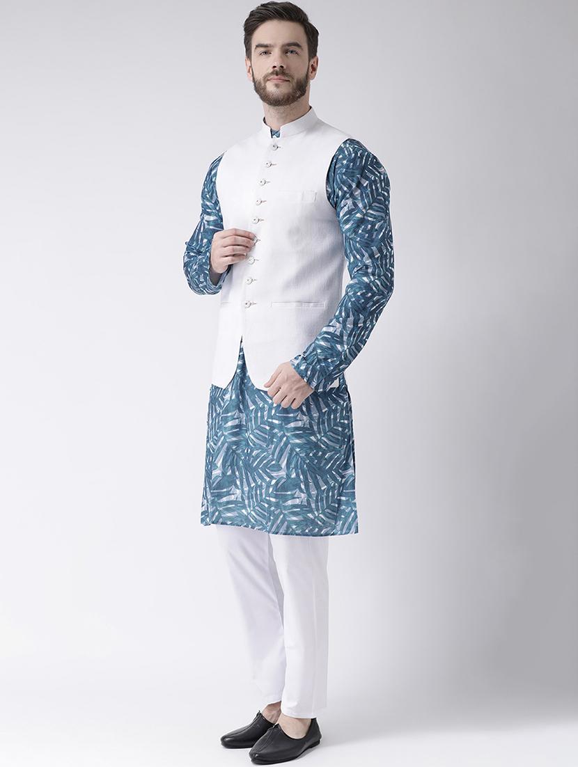 blue printed kurta pyjama set with white solid nehru jacket - 17585706 - Zoom Image - 2