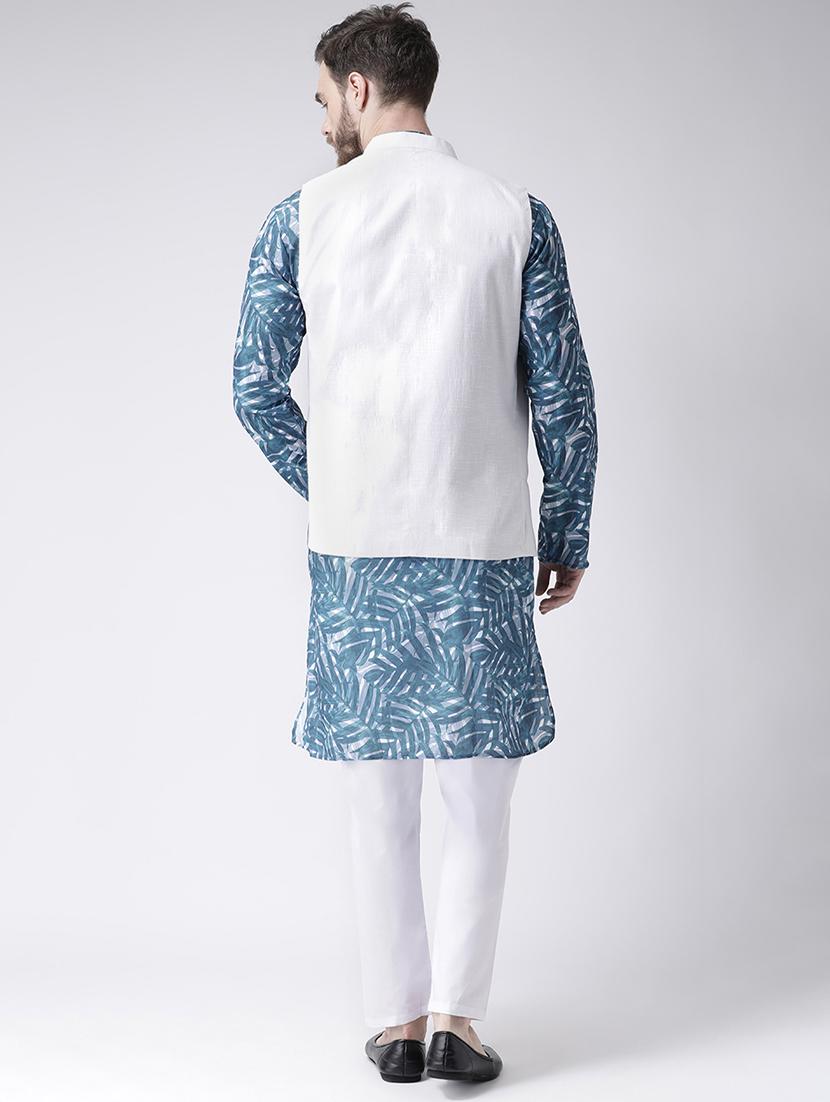 blue printed kurta pyjama set with white solid nehru jacket - 17585706 - Zoom Image - 3