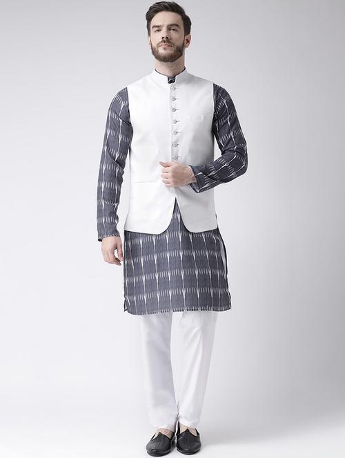 grey printed kurta pyjama set with white solid nehru jacket - 17585708 - Standard Image - 1