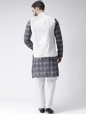 grey printed kurta pyjama set with white solid nehru jacket - 17585708 - Standard Image - 3