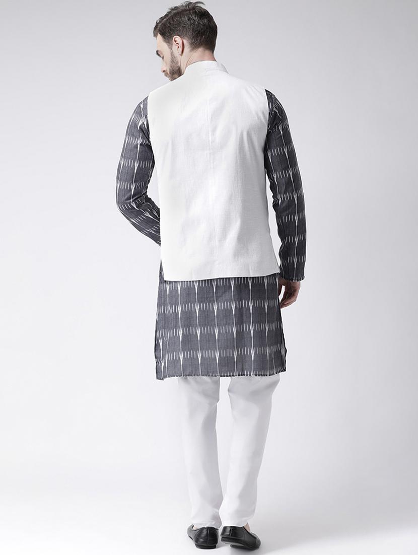 grey printed kurta pyjama set with white solid nehru jacket - 17585708 - Zoom Image - 3