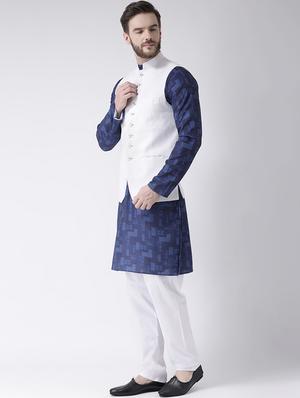 blue printed kurta pyjama set with white solid nehru jacket - 17585711 - Standard Image - 2