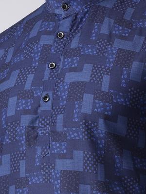 blue printed kurta pyjama set with white solid nehru jacket - 17585711 - Standard Image - 4