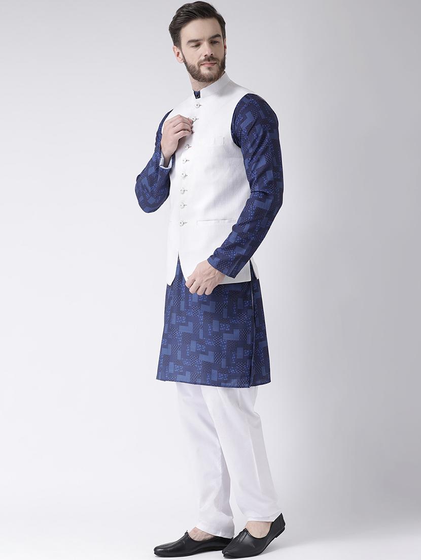 blue printed kurta pyjama set with white solid nehru jacket - 17585711 - Zoom Image - 2