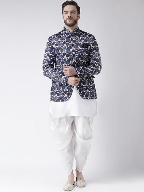 white solid dhoti kurta set with printed bandhgala jacket - 17585720 - Standard Image - 1