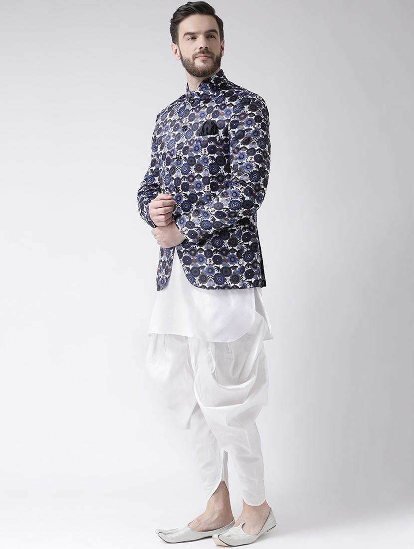 white solid dhoti kurta set with printed bandhgala jacket - 17585720 - Zoom Image - 2