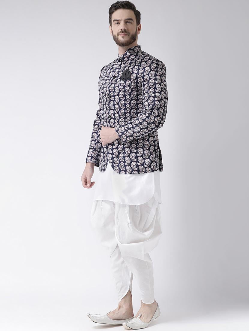 white solid dhoti kurta set with black printed bandhgala jacket - 17585721 - Zoom Image - 2