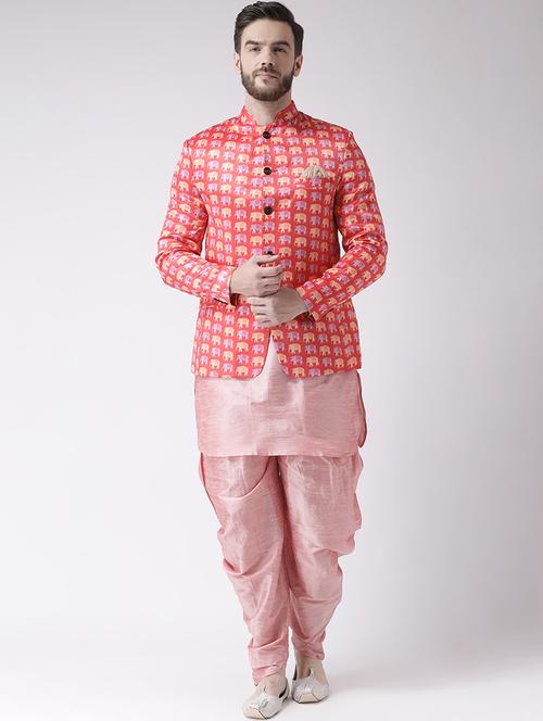 pink solid dhoti kurta set with peach printed bandhgala jacket - 17585722 - Standard Image - 1