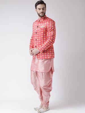 pink solid dhoti kurta set with peach printed bandhgala jacket - 17585722 - Standard Image - 2