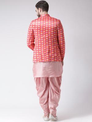 pink solid dhoti kurta set with peach printed bandhgala jacket - 17585722 - Standard Image - 3