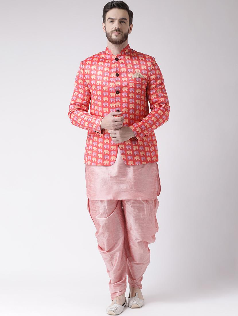 pink solid dhoti kurta set with peach printed bandhgala jacket - 17585722 - Zoom Image - 1